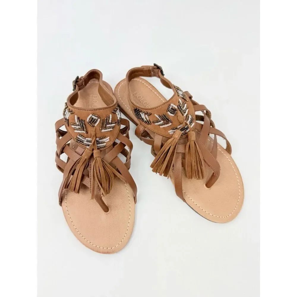 Dolce By MojoMoxy SUBIRA Brown Faux Leather Tassel Bead Slingback Tribal Sandals